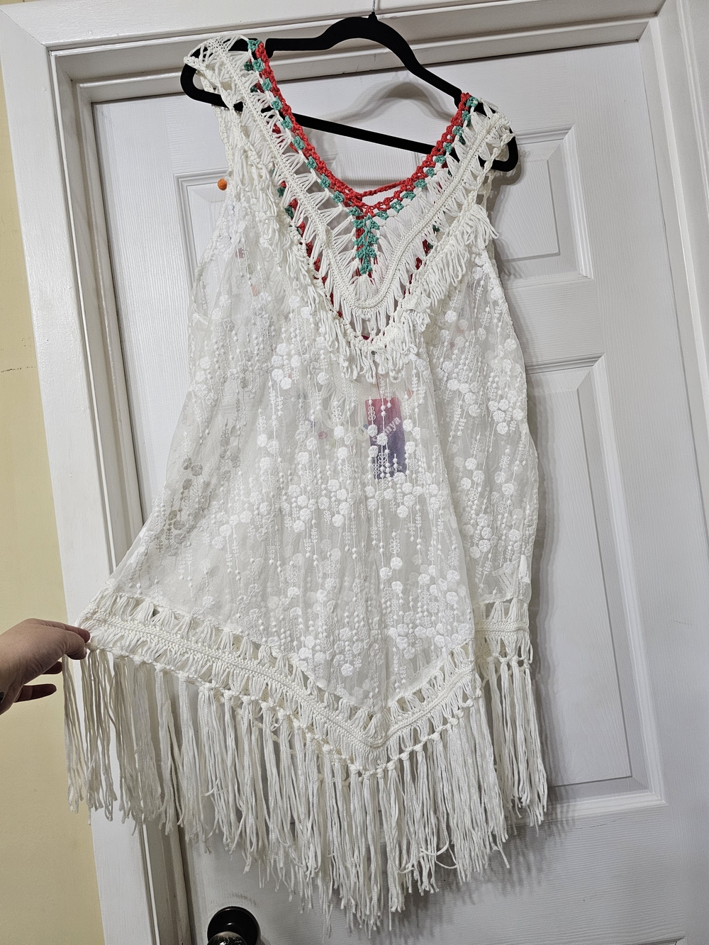 White Boho Crochet Fringe Tunic with Pink & Green Crochet Trim